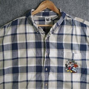 Disney Catalog Mens 3XLT Plaid Short Sleeve Button Down Mickey Goofy Embroidered